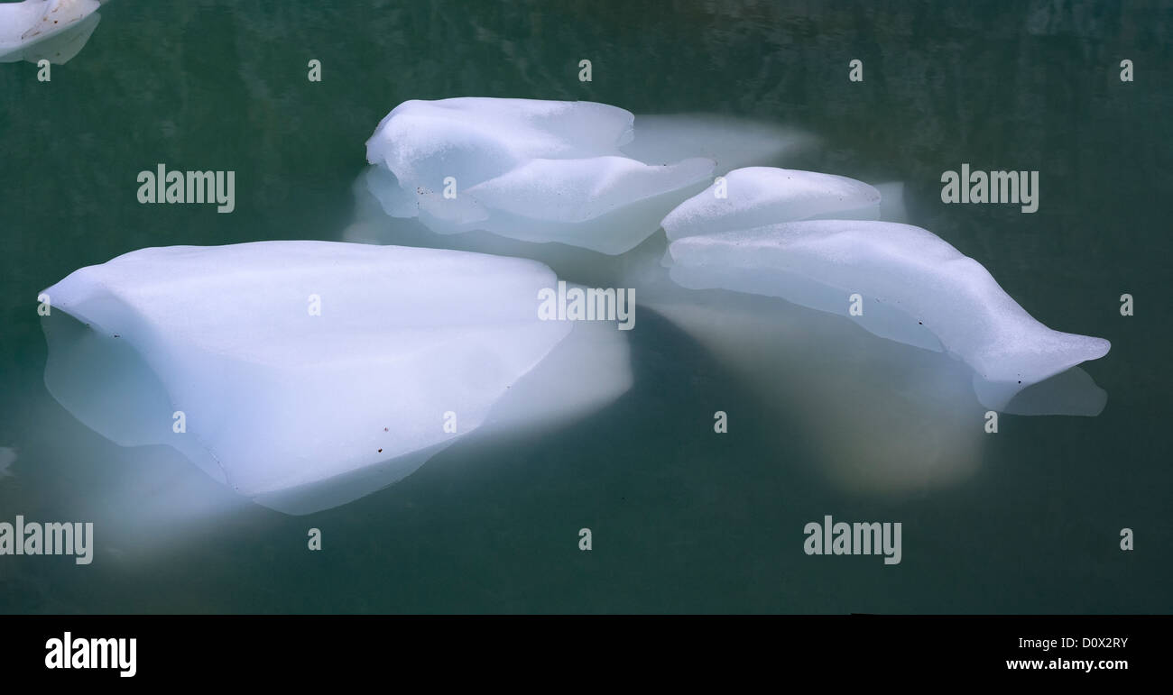 Mini-Eisberge in grün. Stücke von Schmelzwasser aus dem Ghost-Gletscher Schwimmen im Teich unter seiner Zunge. Stockfoto
