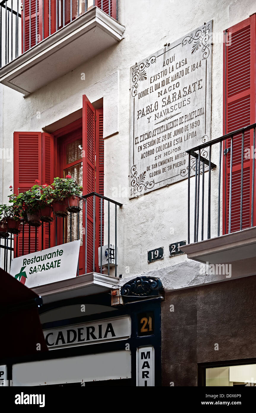 Geburtsort des Geigers und Komponisten Pablo Sarasate in Pamplona, Navarra, Spanien, Europa Stockfoto