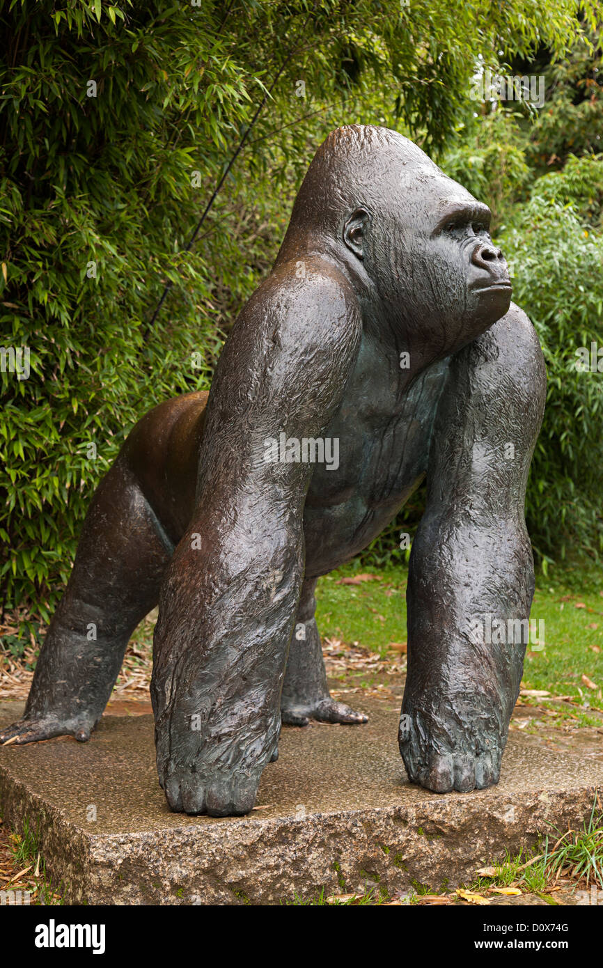 Metall-Statue von Jambo, ein Berggorilla auf Durrell Wildlife Park, Jersey, Kanalinseln, Großbritannien Stockfoto