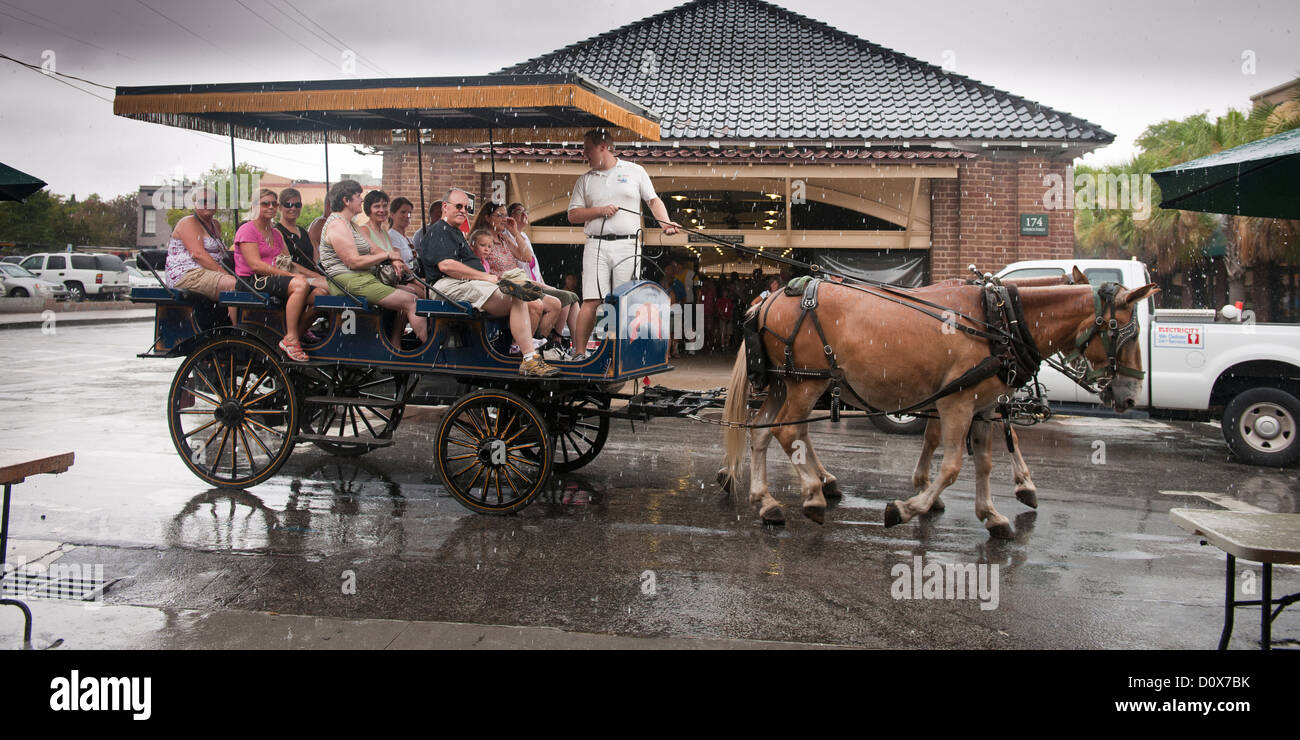 Touristen auf einem Pferd gezogenen Buggy gefangen im Regen in der Nähe von dem Markt, Charleston Stockfoto