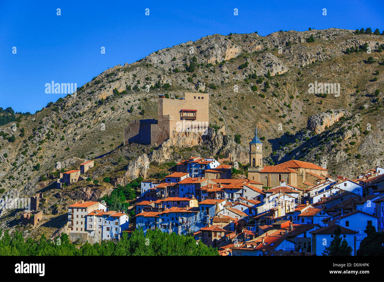 Spanien, Europa, Aragon, Teruel, Provinz, Maestrazgo, Alcala De La Selva, Teruel, Architektur, Burg, Landschaft, Berge, nat Stockfoto