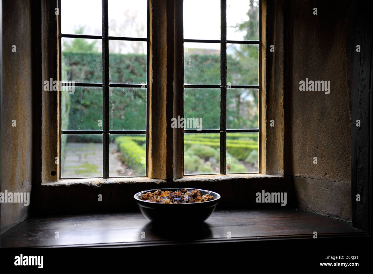 Abgedunkelten zweibogigen Fenster des UK-Landhaus mit Blick auf Garten, soft-Fokus ist, Schüssel. Stockfoto