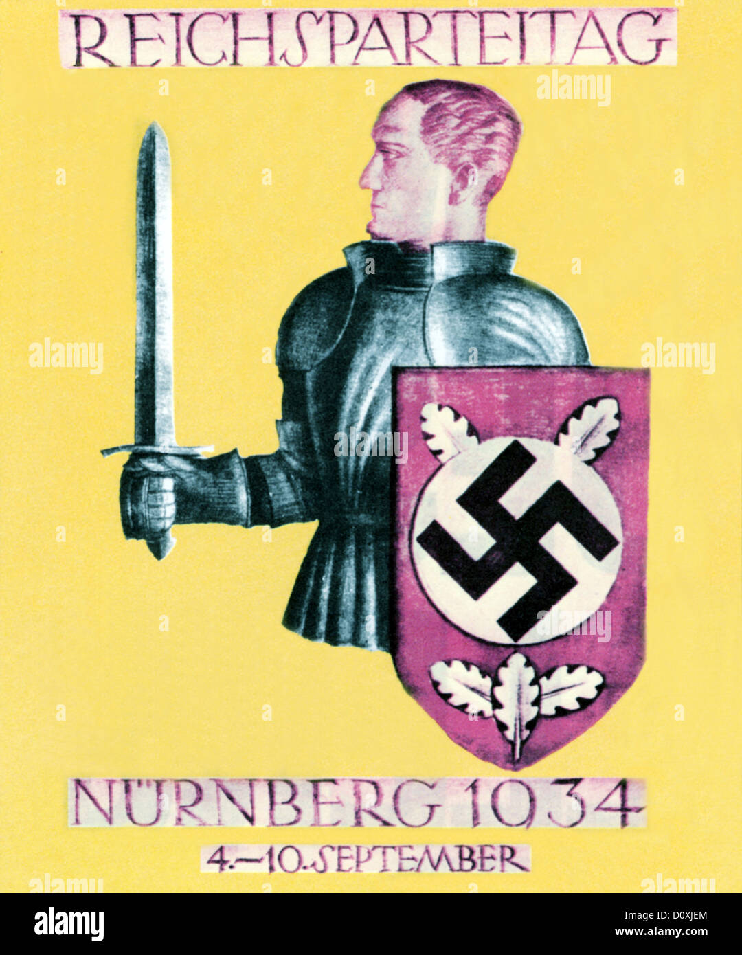 Nürnberg, Rallye, Nazi, Partei, NSDAP, Karte, Ritter, Schwert, Schild, Hakenkreuz, Postkarte, Drittes Reich, Deutschland, 1934 SS Stockfoto