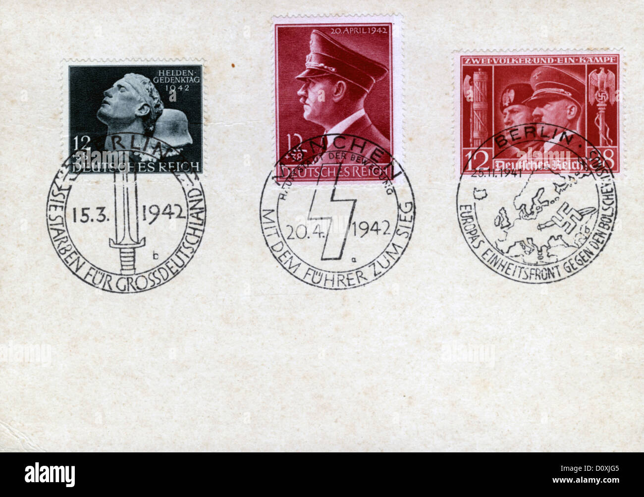 Briefmarken, Hitler, Führer, Mussolini, Nazi, Propaganda, Drittes Reich, Zweiter Weltkrieg, Briefmarken, Deutschland, 1942 Stockfoto
