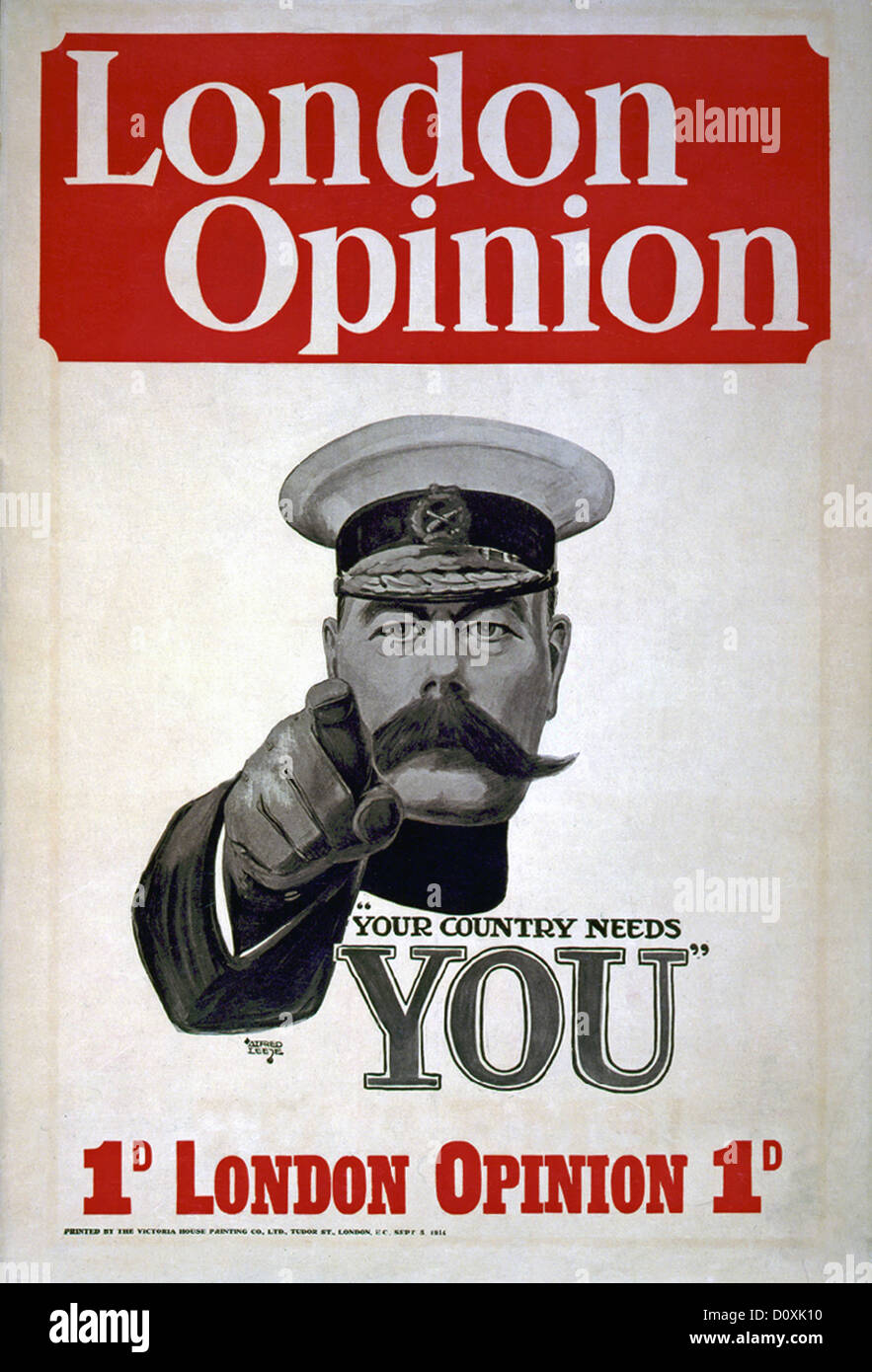 Wort Krieg I, Poster, UK, British, Rekrutierung, Ord Kitchener Horatio Kitchener, Kitchener, Punkt, England, 1914 Stockfoto