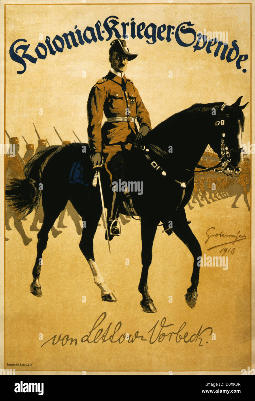 Deutschland, Deutsch, Propaganda, Poster, General Paul Emil von Lettow-Vorbeck, Pferd, afrikanischen, Soldaten, koloniale Krieg Mittel, 19 Stockfoto