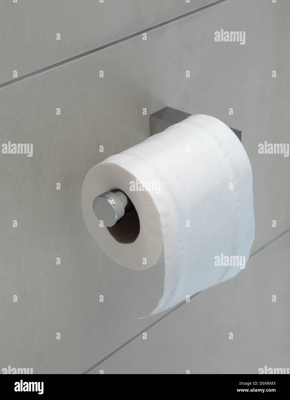 WC-Papierrolle auf Halter Stockfoto