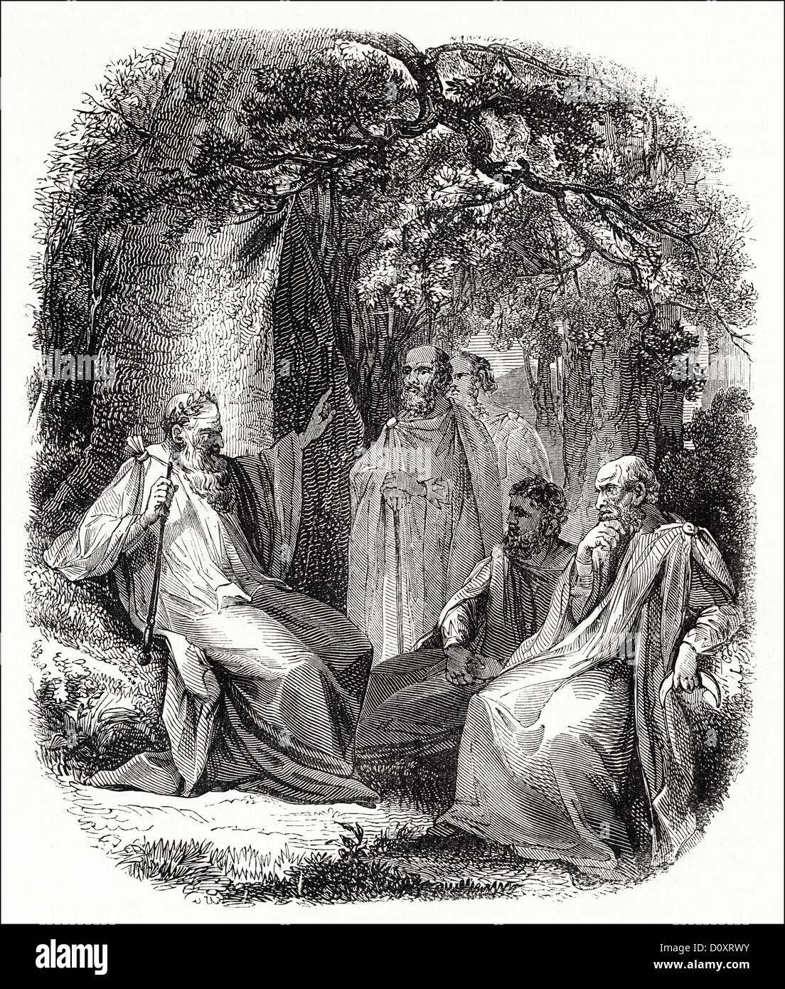 Viktorianischen Holzschnitt, Kupferstich, ca. 1864 Erzdruide im Gespräch mit der Gruppe der Druiden in einer bewaldeten Umgebung zeigen. Stockfoto