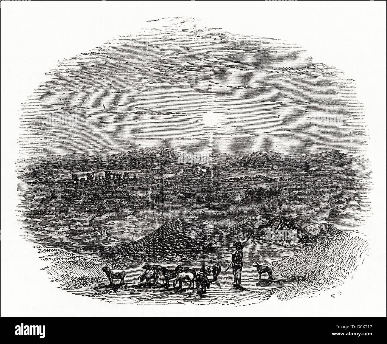 Viktorianischen Holzschnitt, Kupferstich ca. 1864 zeigt Sarum Plain mit Hirten und Herde von Schafen Blick in Richtung Stonehenge. Stockfoto