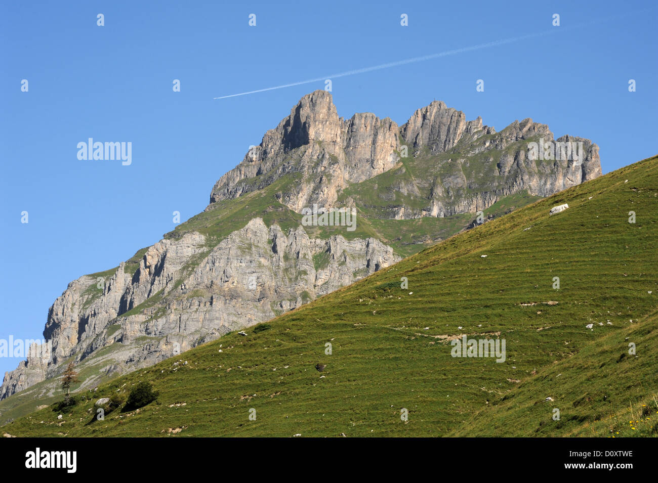 Schweiz, Europa, Berge, Alm, Berg, Hanen, Jet Trail, Kondensation Trail Stockfoto
