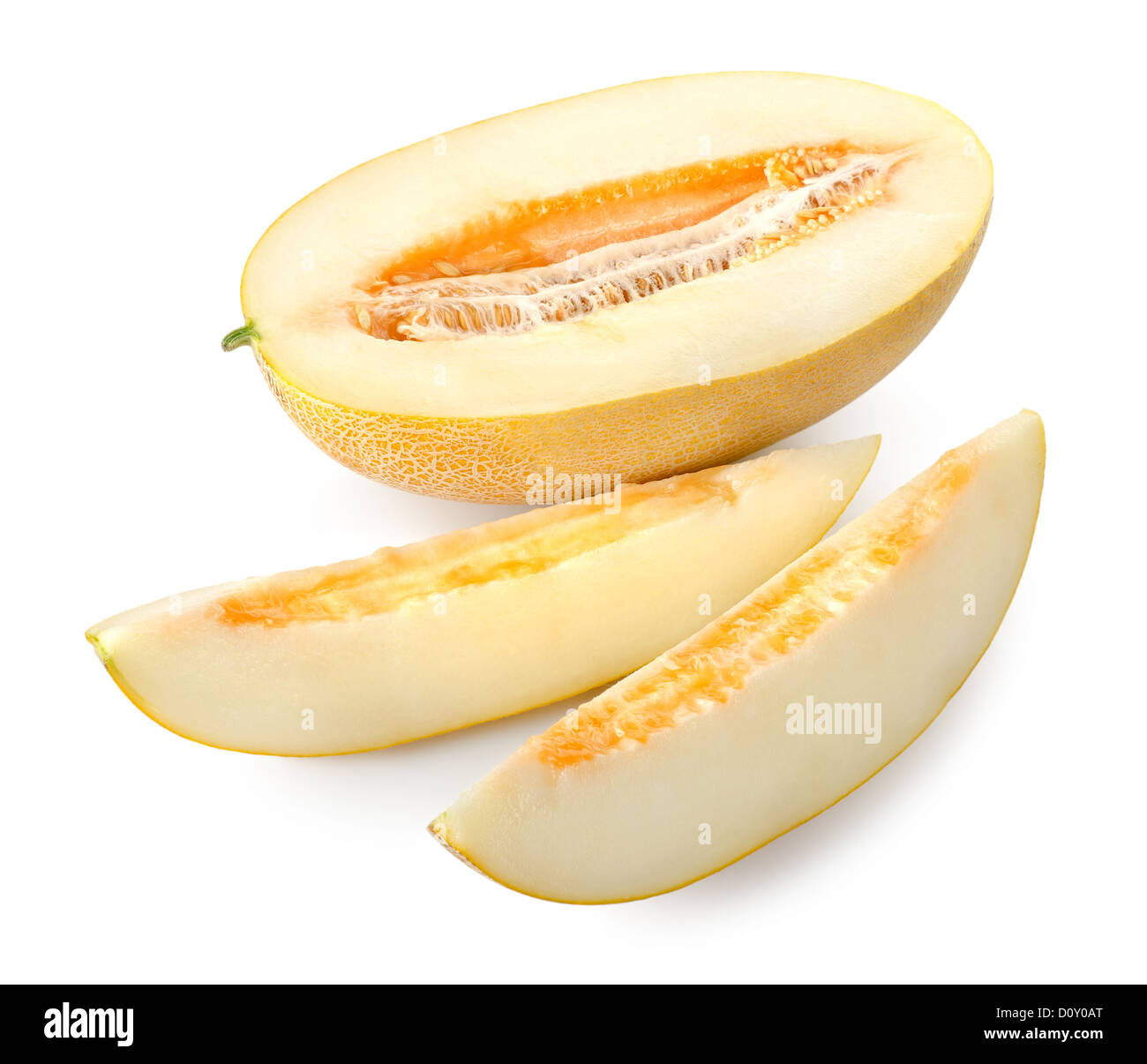 Melone mit einer Scheibe isoliert auf weißem Hintergrund Stockfoto