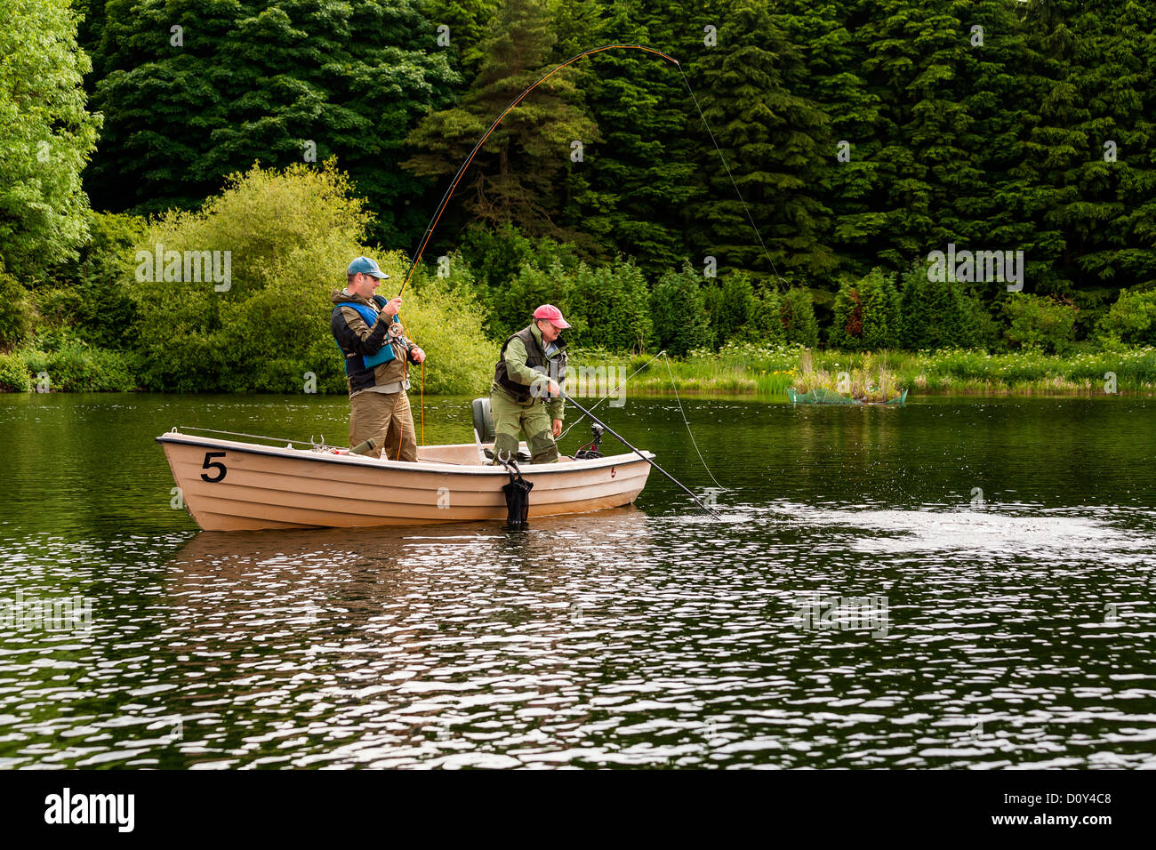 Fliegenfischen Sie Kennick Reservoir Devon. Angler spielt Fisch. Stockfoto