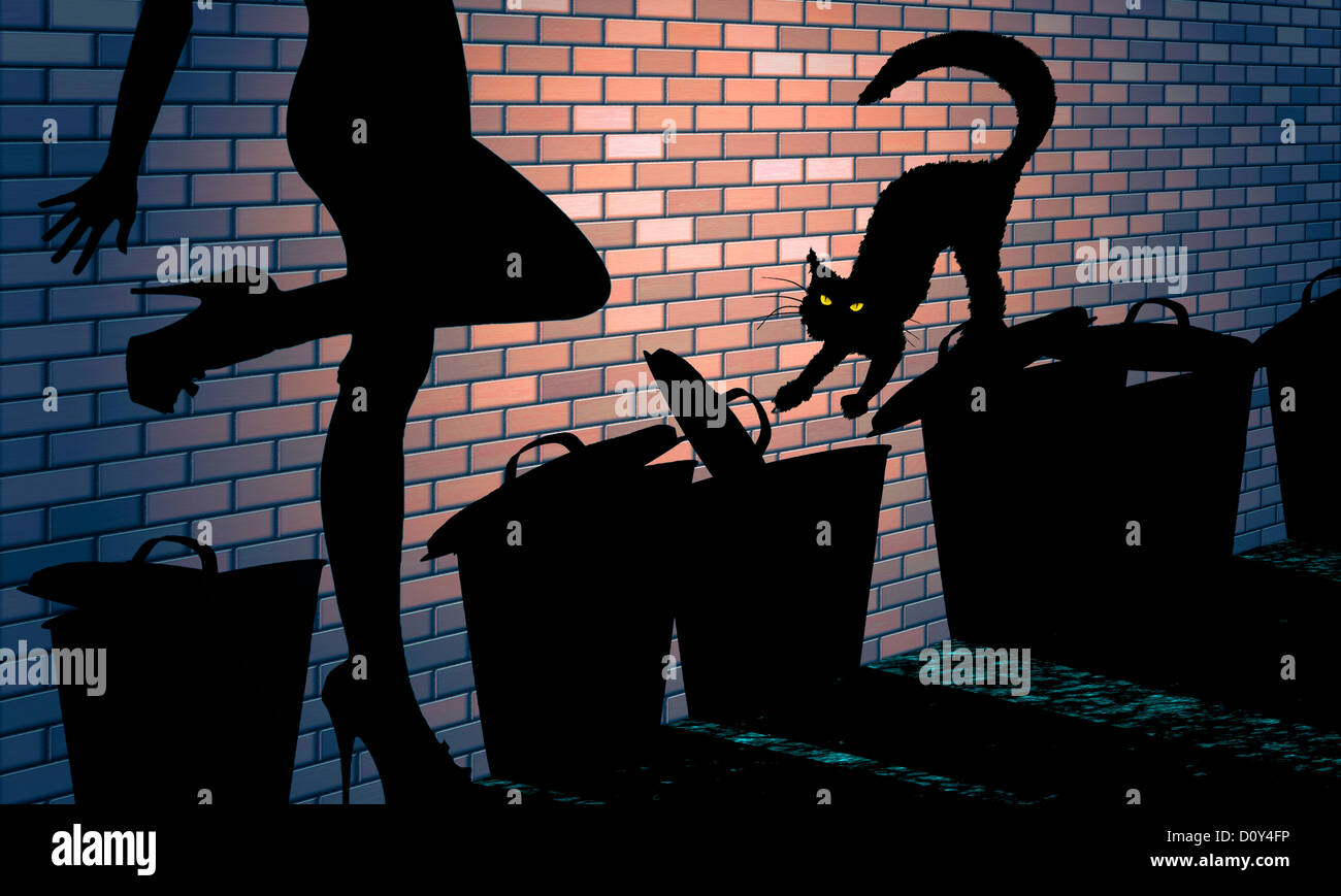 digitale Verbesserung - Illustration - Schatten Bild - Prostitution - Katze "und" Papierkorb Dosen in Hinterhof - Symbolik des Milieus Stockfoto