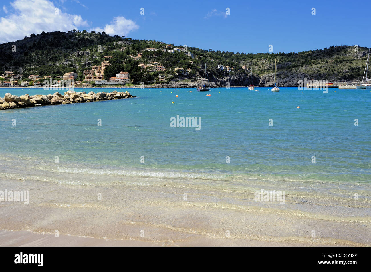 Sandstrand in Puerto de Soller, Mallorca, Spanien Stockfoto