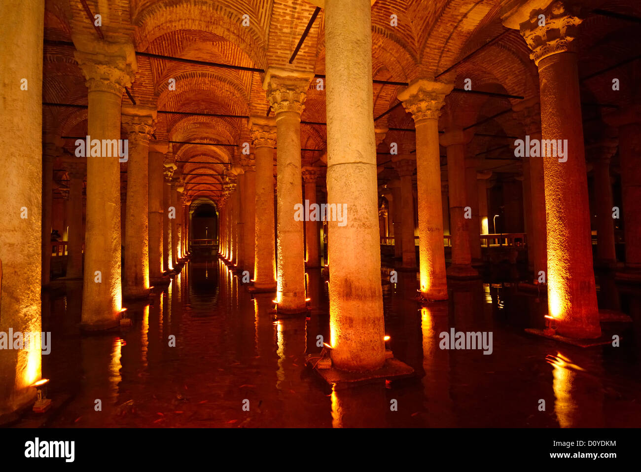 Wasser mit Fisch und Marmorsäulen in der unterirdischen Basilika Zisterne von Istanbul Türkei Stockfoto