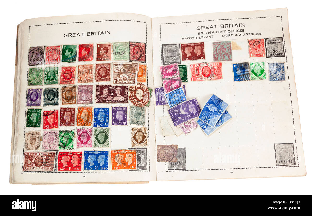 Alte Briefmarken-Album mit britischen Briefmarken, UK Stockfoto