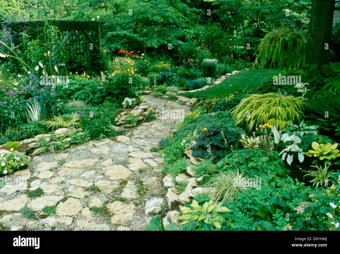 Schöner Hausgarten mit Kalkstein Felsenweg und üppigen Sommerpflanzen, Unabhängigkeit in Missouri Stockfoto