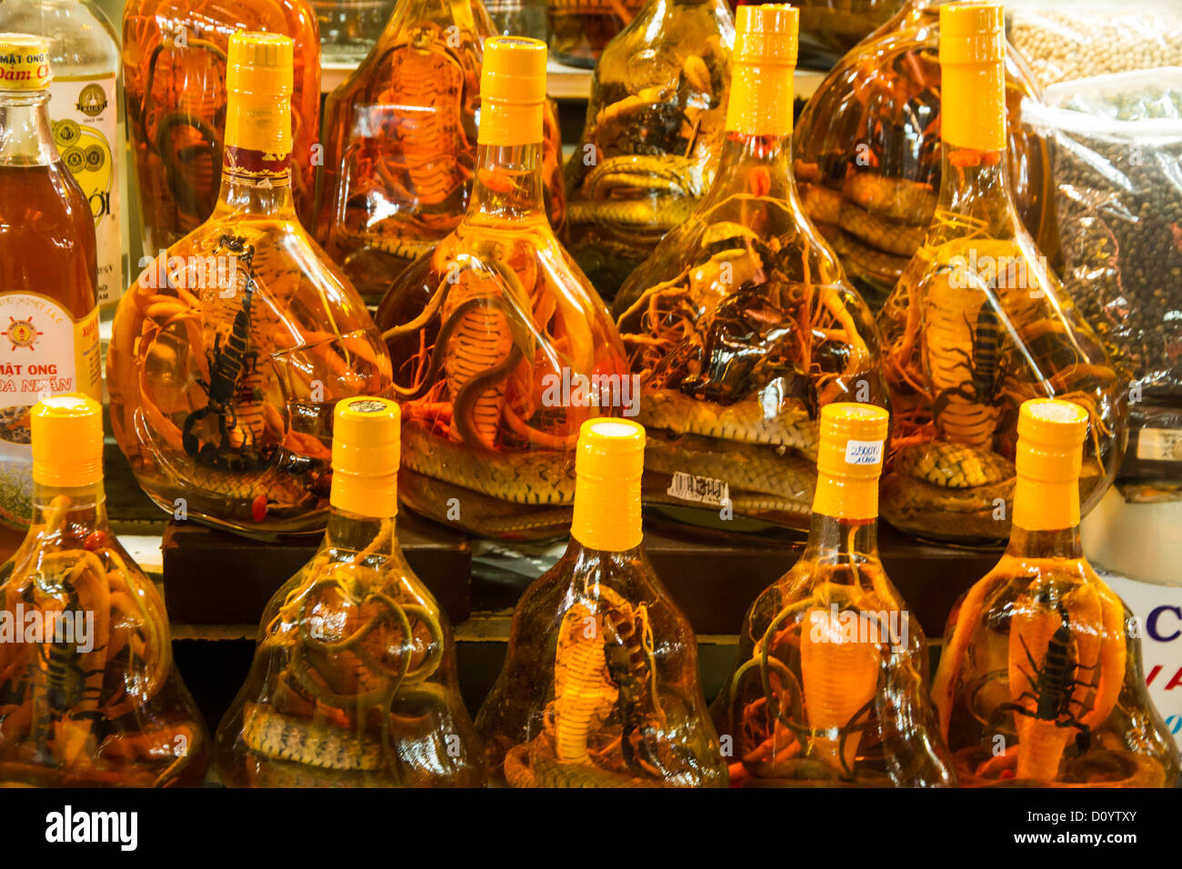 Flaschen Schnaps mit verschiedenen Reptilien im Inneren auf dem Ben Thanh Markt in Ho-Chi-Minh-Stadt, Vietnam. Stockfoto