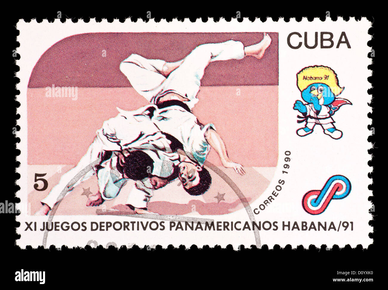 Briefmarke aus Kuba abbildenden Judo Kampfkünstler, ausgestellt für die Panamerikanischen Spiele 1991. Stockfoto