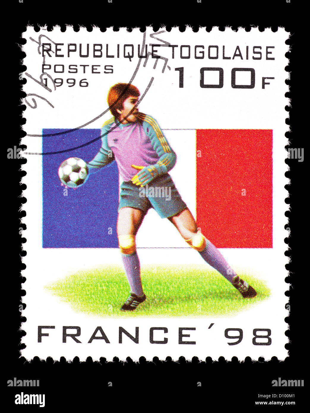 Briefmarke aus Togo Darstellung einen Fußball-Torwart für die WM 1998 in Frankreich ausgestellt. Stockfoto