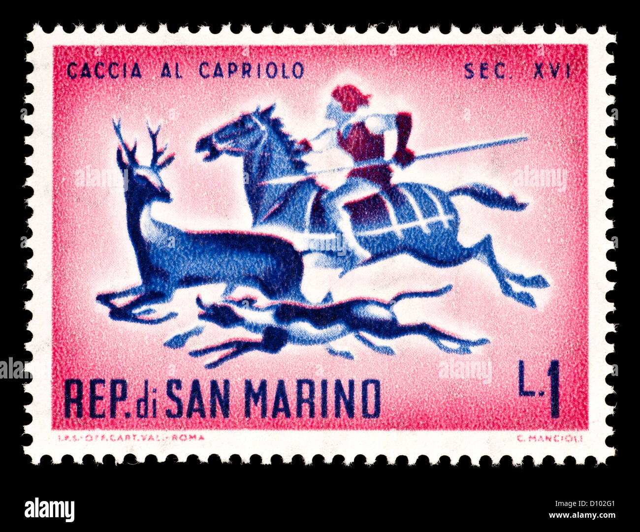 Briefmarke aus San Marino Darstellung einen Mann auf einem Pferd ein Hirsch Jagd. Stockfoto