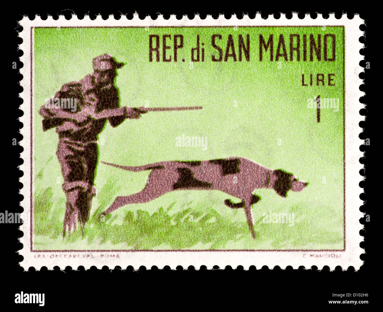 Briefmarke aus San Marino Darstellung ein Jäger und sein Hund. Stockfoto