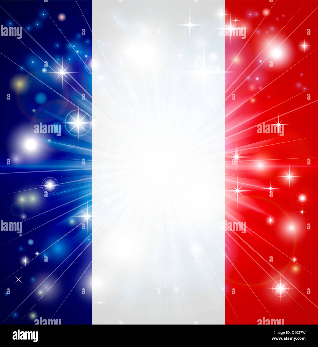 Flagge von Frankreich Hintergrund mit pyrotechnischen oder leicht platzen und Kopie Raum in der Mitte Stockfoto