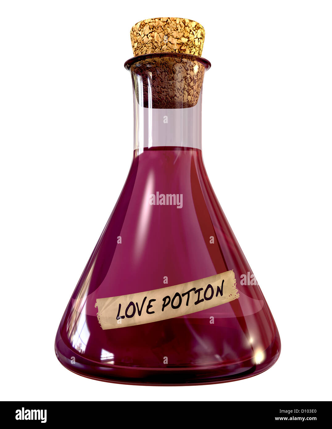 Eine regelmäßige Chemie-Glasflasche mit einem rosa Flüssigkeit namens Liebestrank gefüllt und versiegelt mit einem Korken auf einem isolierten Hintergrund Stockfoto