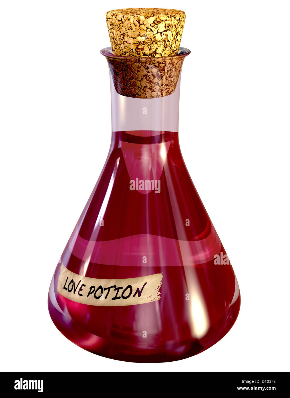 Eine regelmäßige Chemie-Glasflasche mit einem rosa Flüssigkeit namens Liebestrank gefüllt und versiegelt mit einem Korken auf einem isolierten Hintergrund Stockfoto