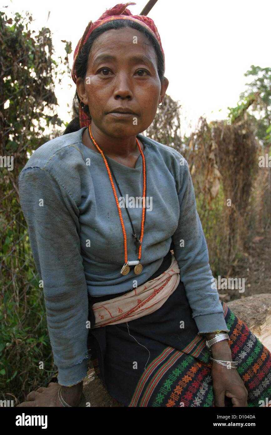 Khunsa Dame sammelt Feuerholz in Tirap Bezirk. Sie überleben, indem Sie Seiten von steilen, bewaldeten Hügel und das Ackerland. Stockfoto