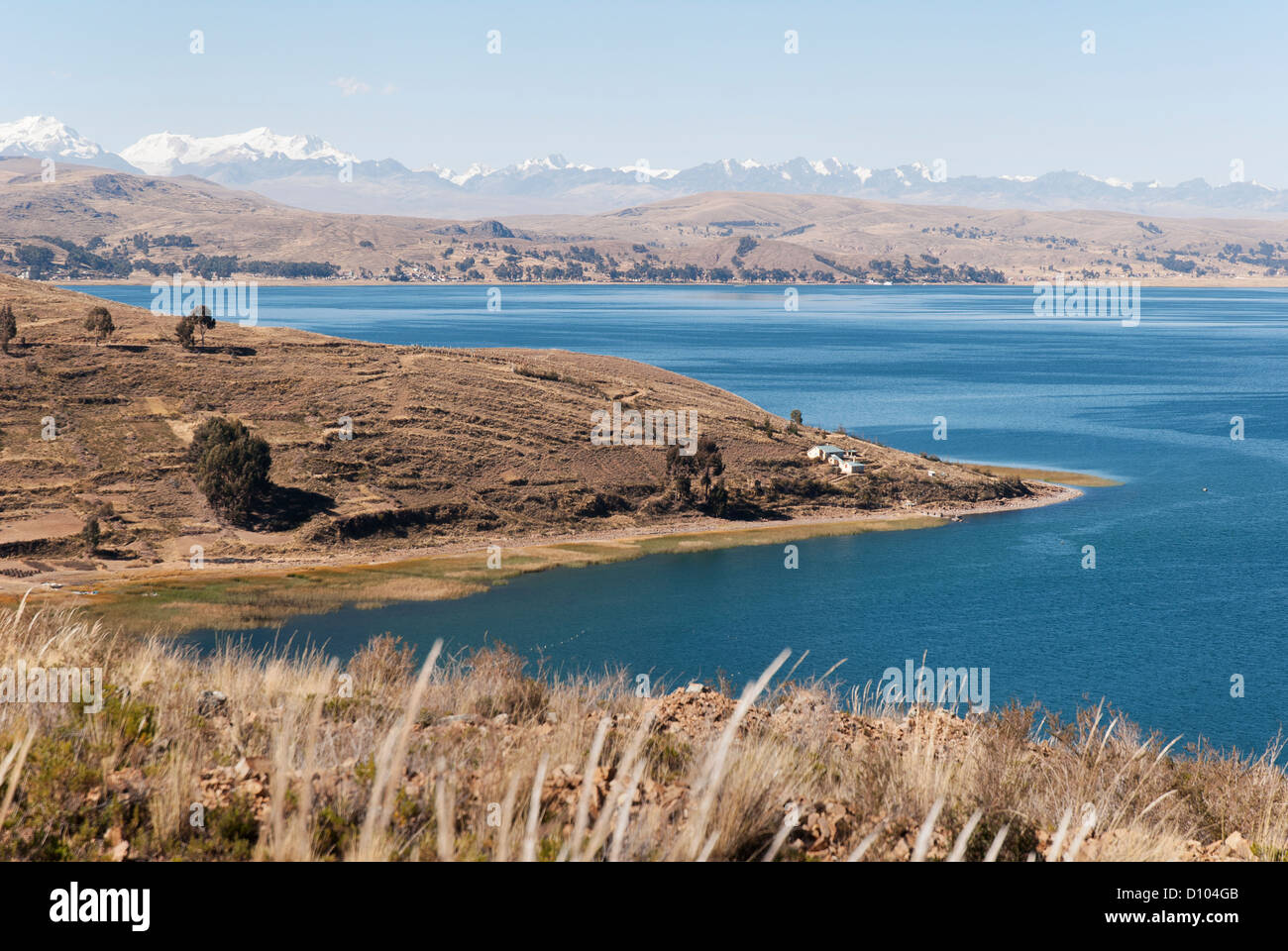Der Titicacasee mit Cordillera Real im Hintergrund Stockfoto