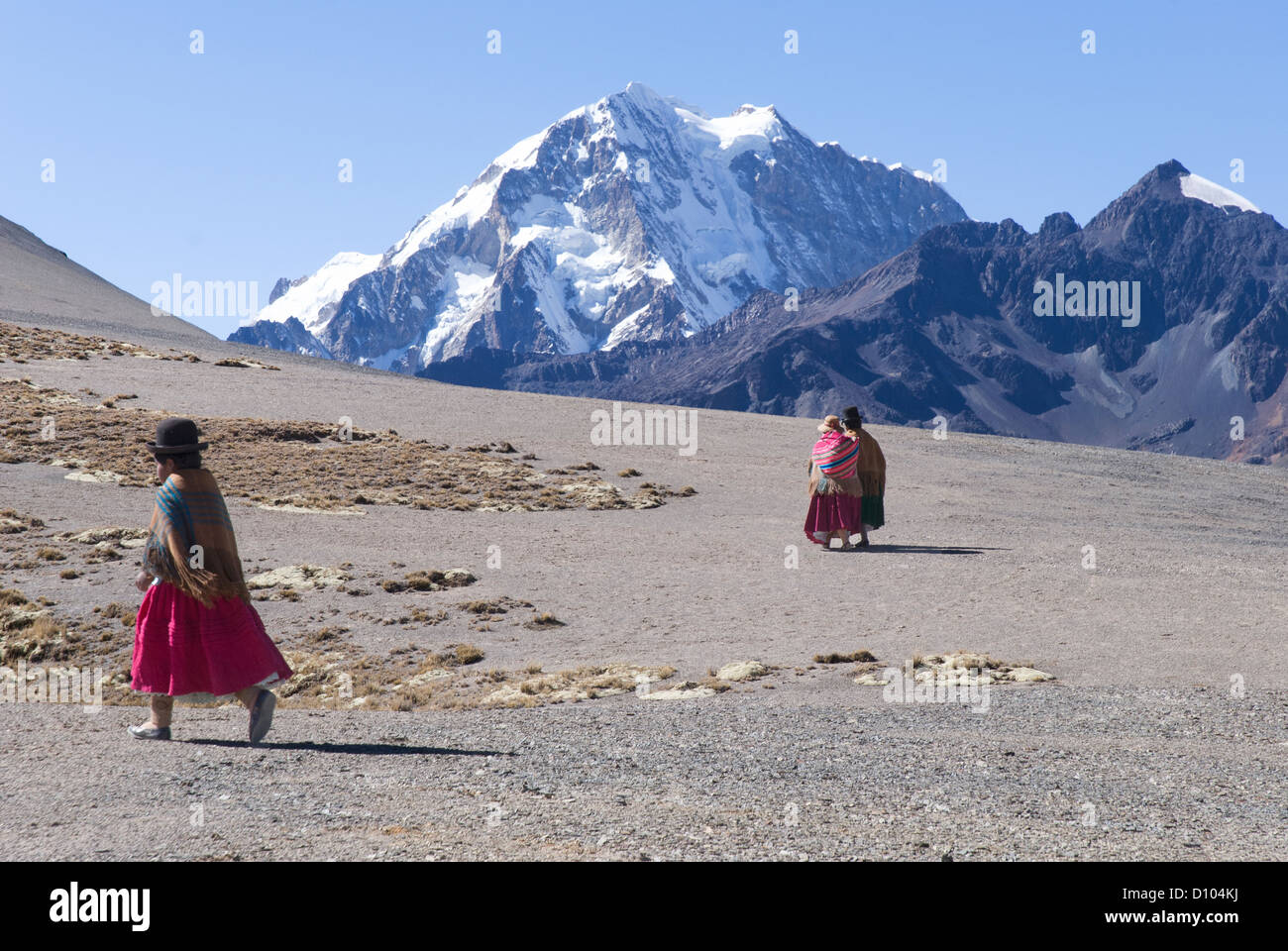 Aymara Frauen in den Kordilleren mit dem Berg Huayna Potosi im Hintergrund Stockfoto