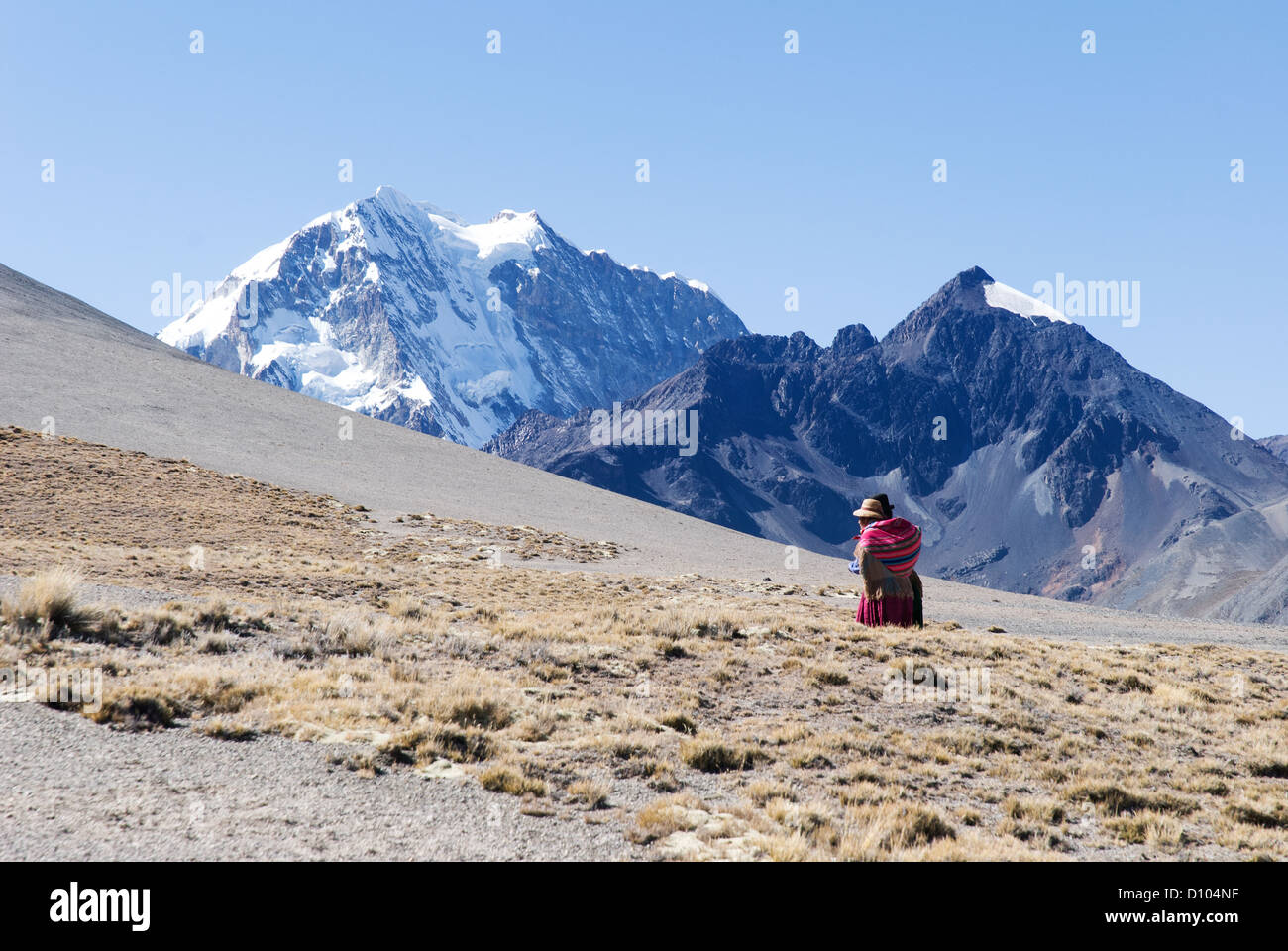 Aymara-Frau in den Kordilleren mit dem Berg Huayna Potosi im Hintergrund Stockfoto