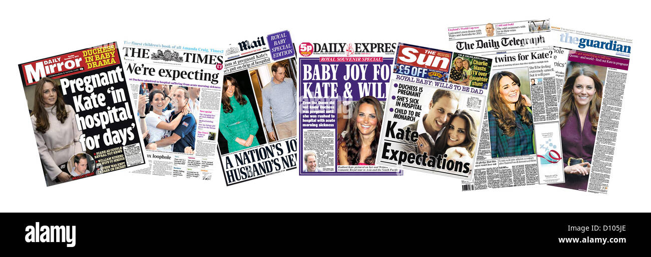Eine Auswahl von Titelseiten von britischen nationalen Zeitungen brechen der Nachrichten, die der Herzog und die Dutchess of Cambridge es erwarten ersten Kind. 4. Dezember 2012. Jamie Mann / Alamy Live News Stockfoto