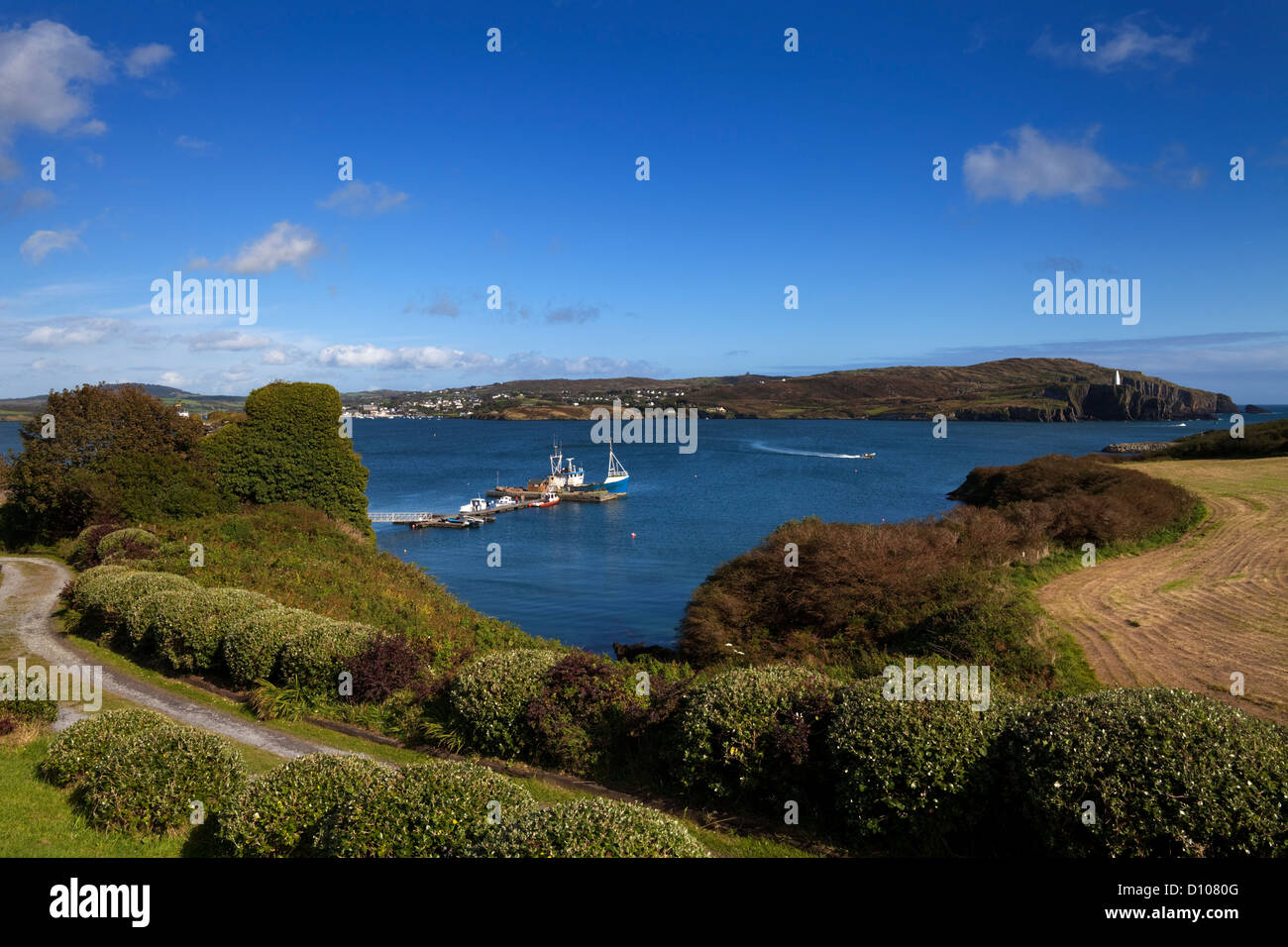 Die entfernten Baltimore Beacon und Steg, Sherkin Island, County Cork, Irland Stockfoto