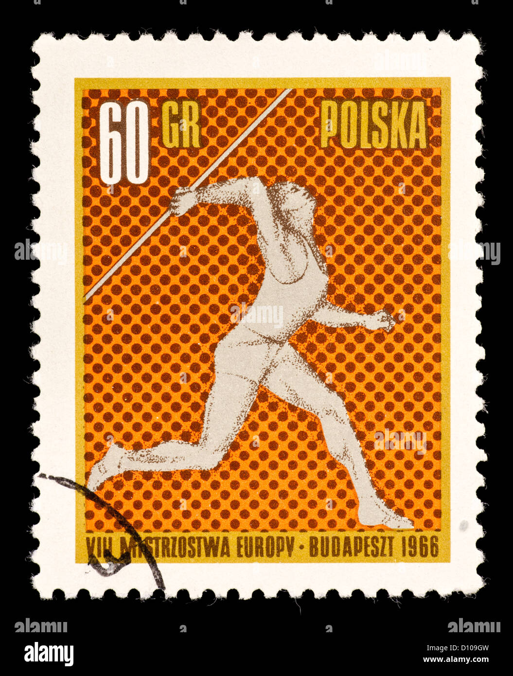 Briefmarke aus Polen Darstellung ein Speerwerfer. Stockfoto