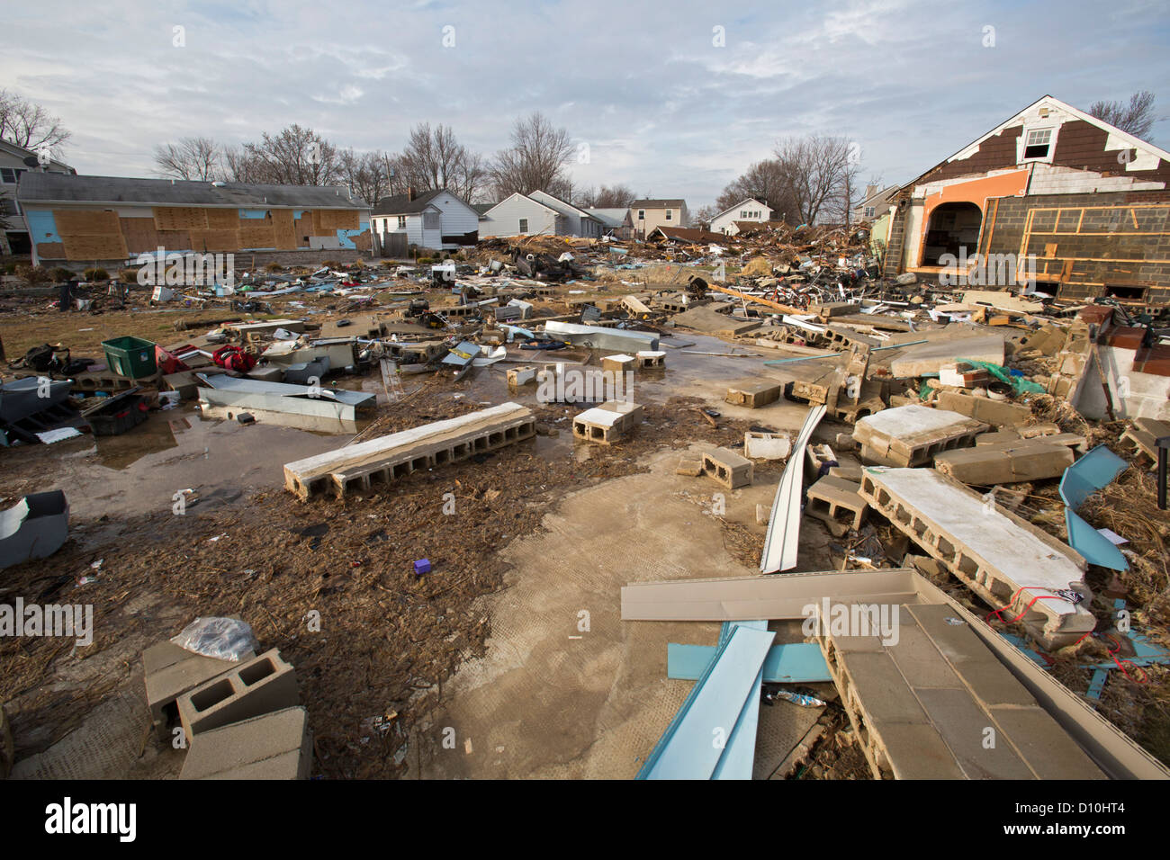 Union Beach, New Jersey - Schutt vor der Zerstörung der Küstenort vom Hurricane Sandy. Stockfoto