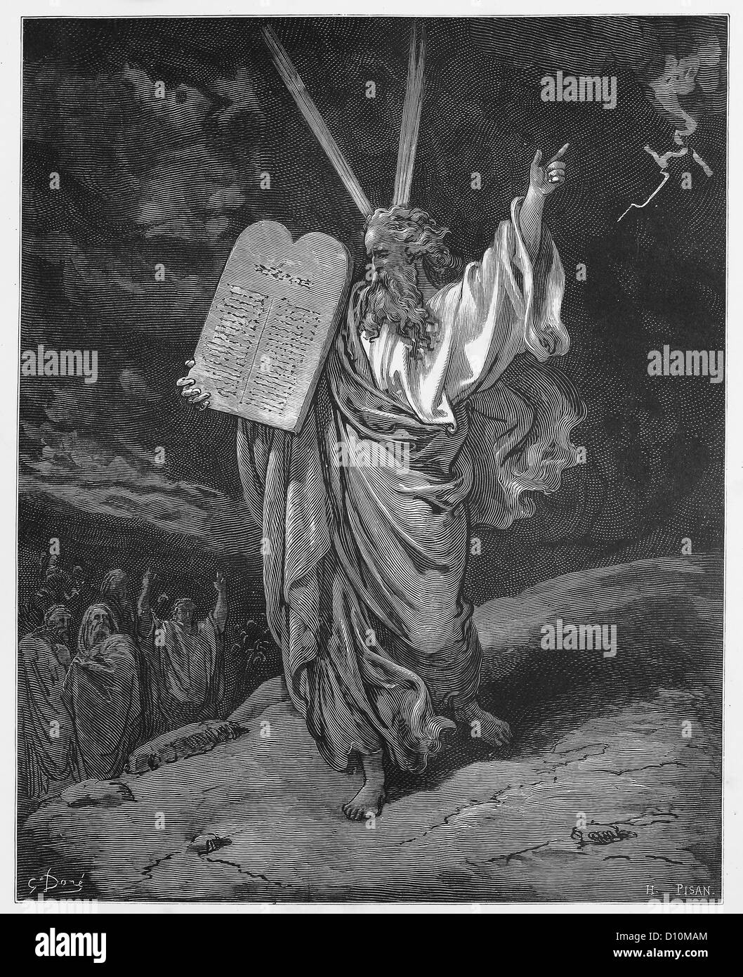 Moses kommt vom Berg mit Gesetzestafeln Stockfoto