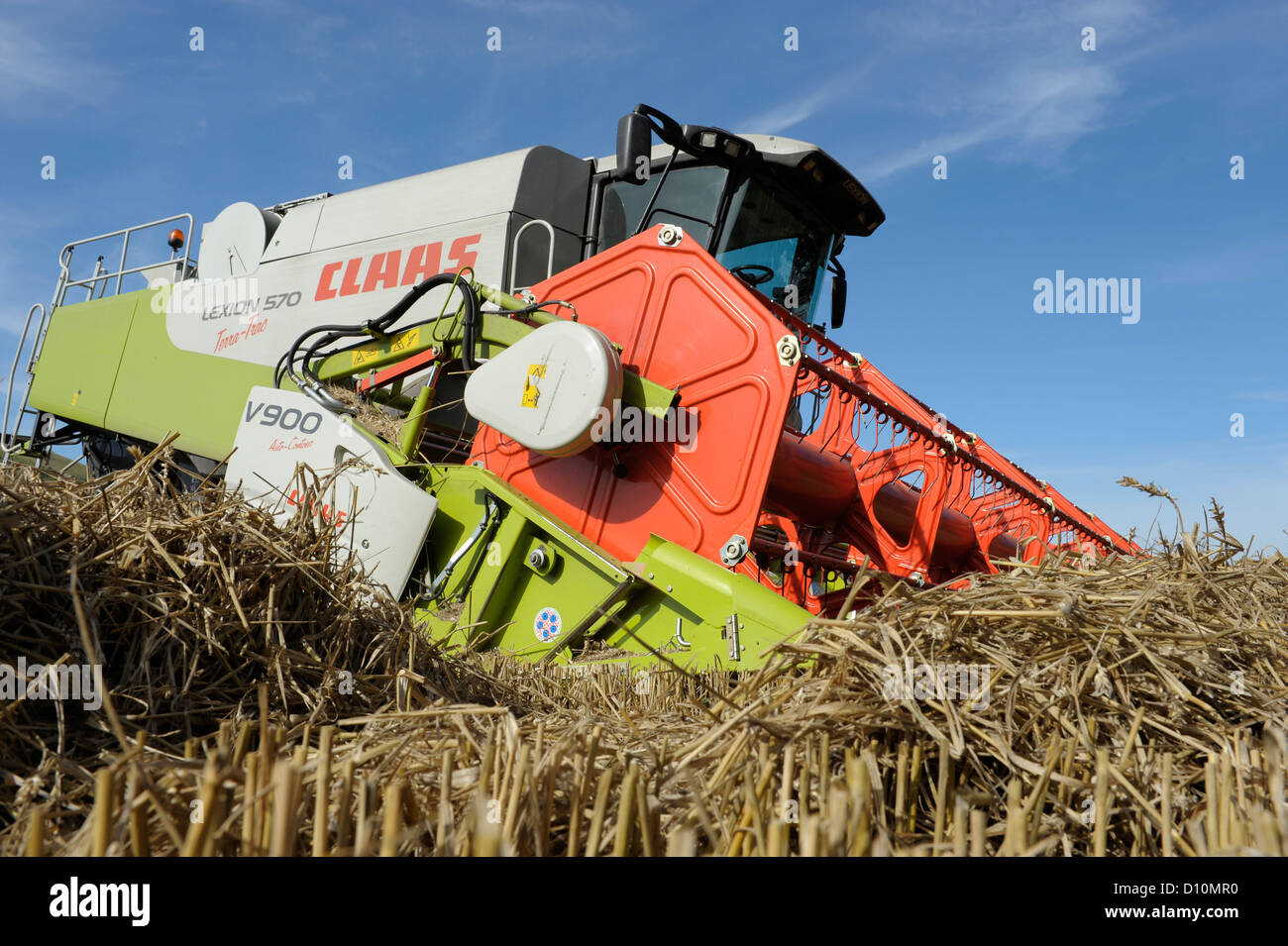 Kombinieren Sie Ernte in Hampshire, England, mit einem CLAAS Lexion 570 Terra-Trac mit V900 Auto Contour Header Stockfoto