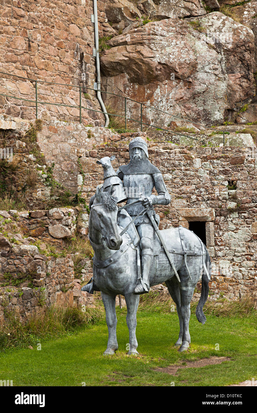 Ritterstatue aus Metall montiert, Mont Hochmuts Burg, Gorey, Jersey, Kanalinseln, Großbritannien Stockfoto
