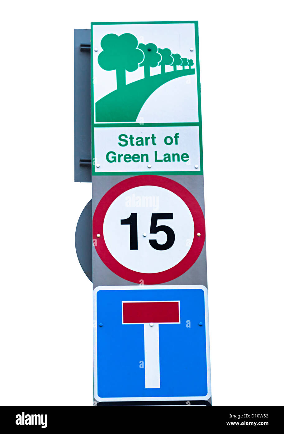 Straßenschild beginnen grüne Gasse mit 15 km/h Höchstgeschwindigkeit, Jersey, Kanalinseln, Großbritannien Stockfoto