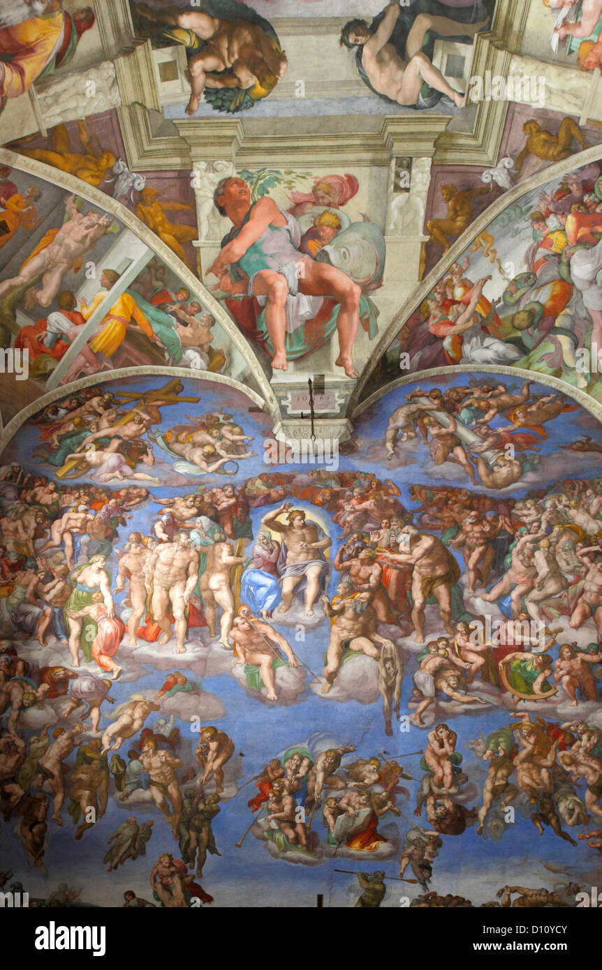 Das jüngste Gericht von Michelangelo in der Sixtinischen Kapelle, Vatikan, Rom, Italien Stockfoto