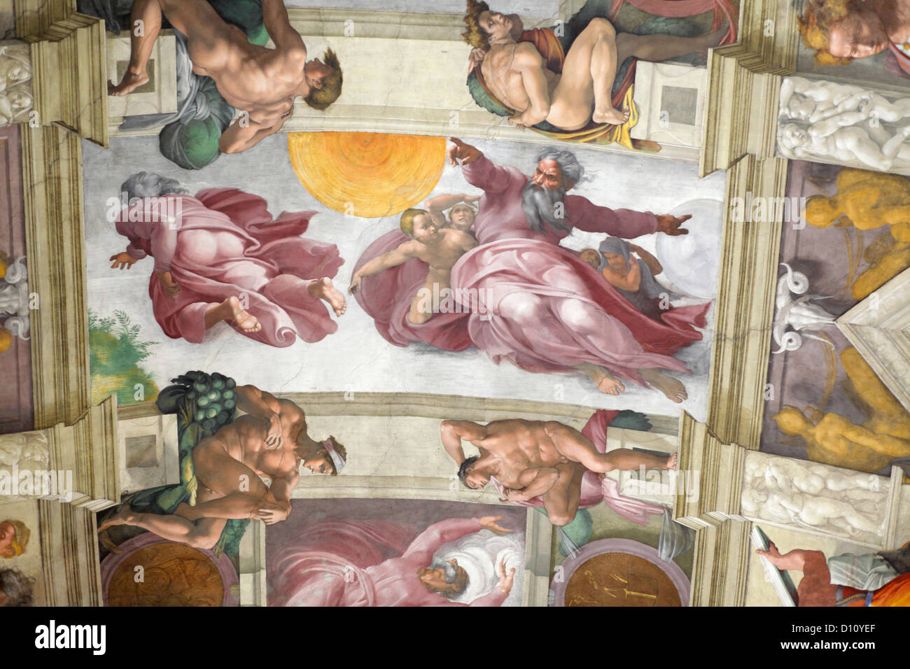 Erstellung von Sonne und Mond in der Sixtinischen Kapelle von Michelangelo, Vatikan, Rom, Italien Stockfoto