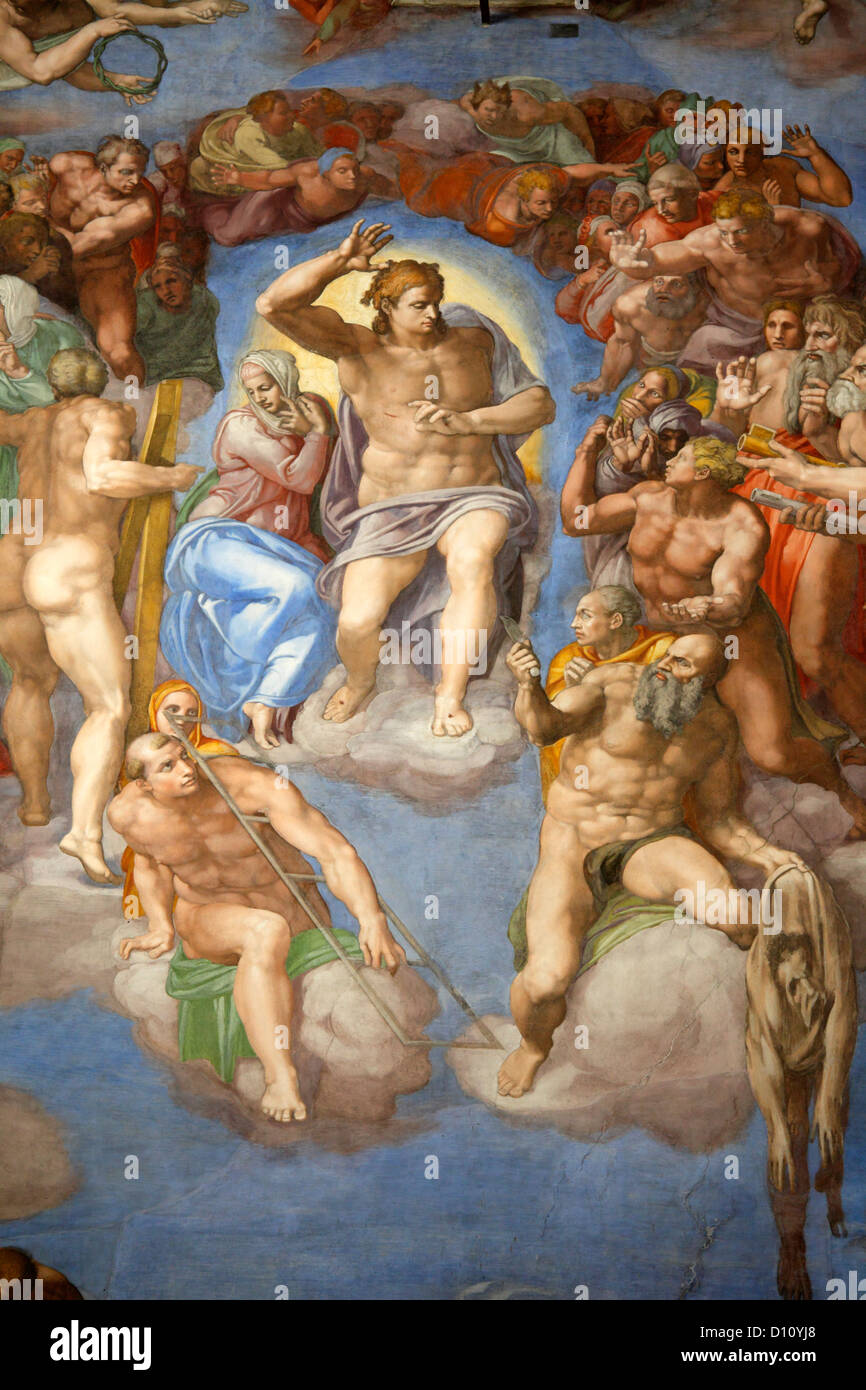 Das jüngste Gericht von Michelangelo in der Sixtinischen Kapelle, Vatikan, Rom, Italien Stockfoto