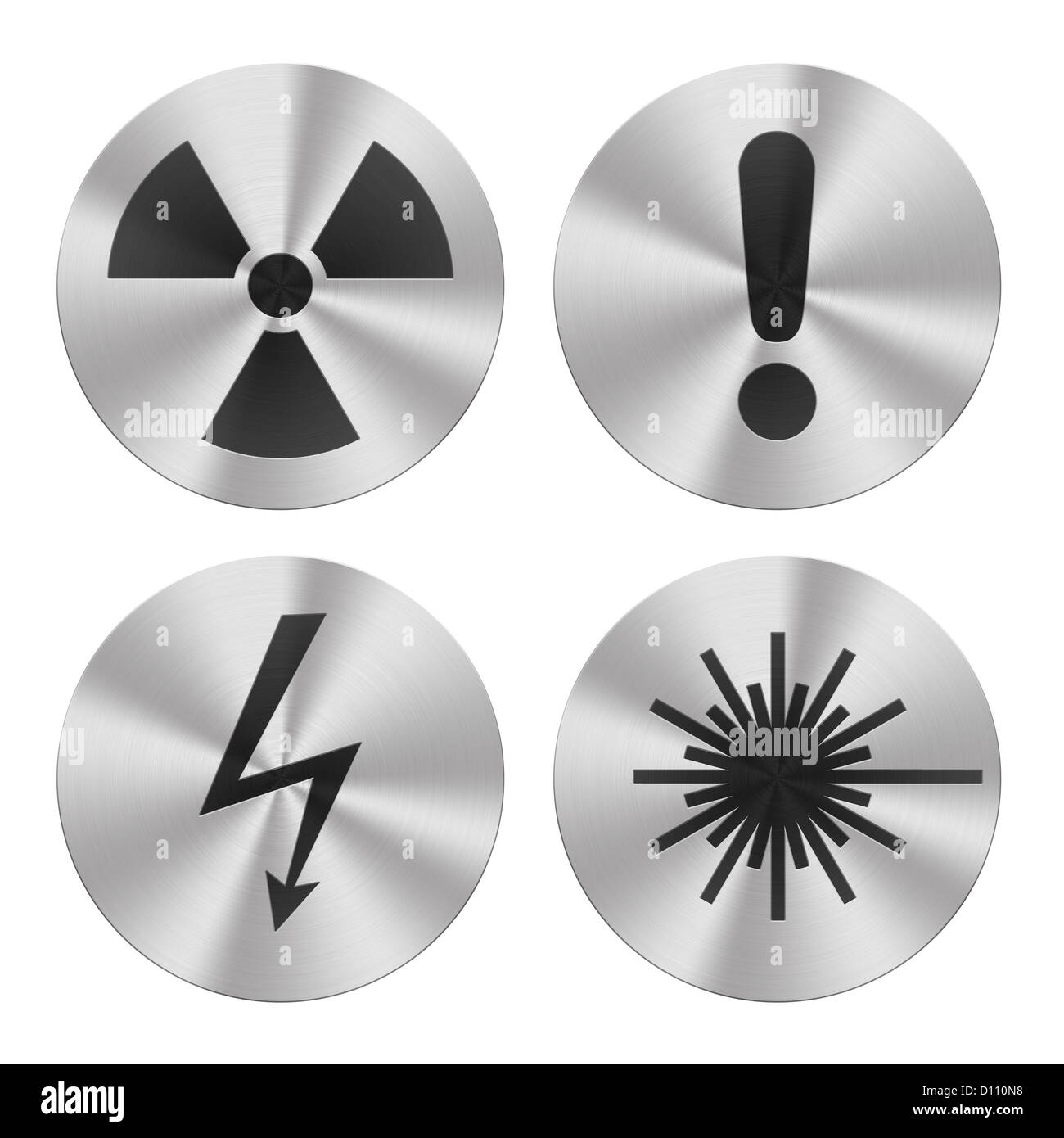 Zeichen, die auf Aluminium-Platten isoliert auf weiss.  Gefahr Gruppe Symbole Stockfoto