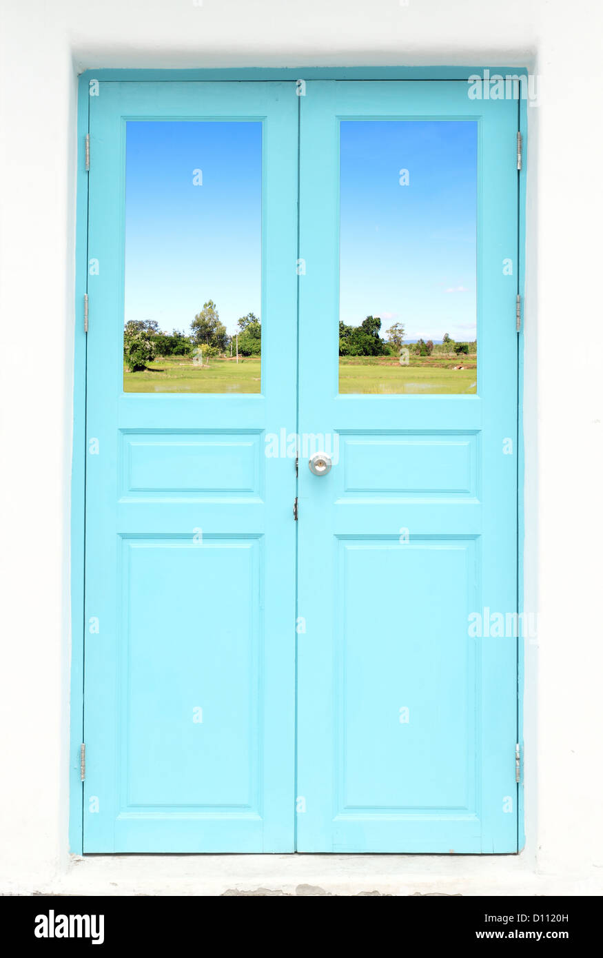 Griechischen Stil Tür mit Land-Sichtfeld Stockfoto