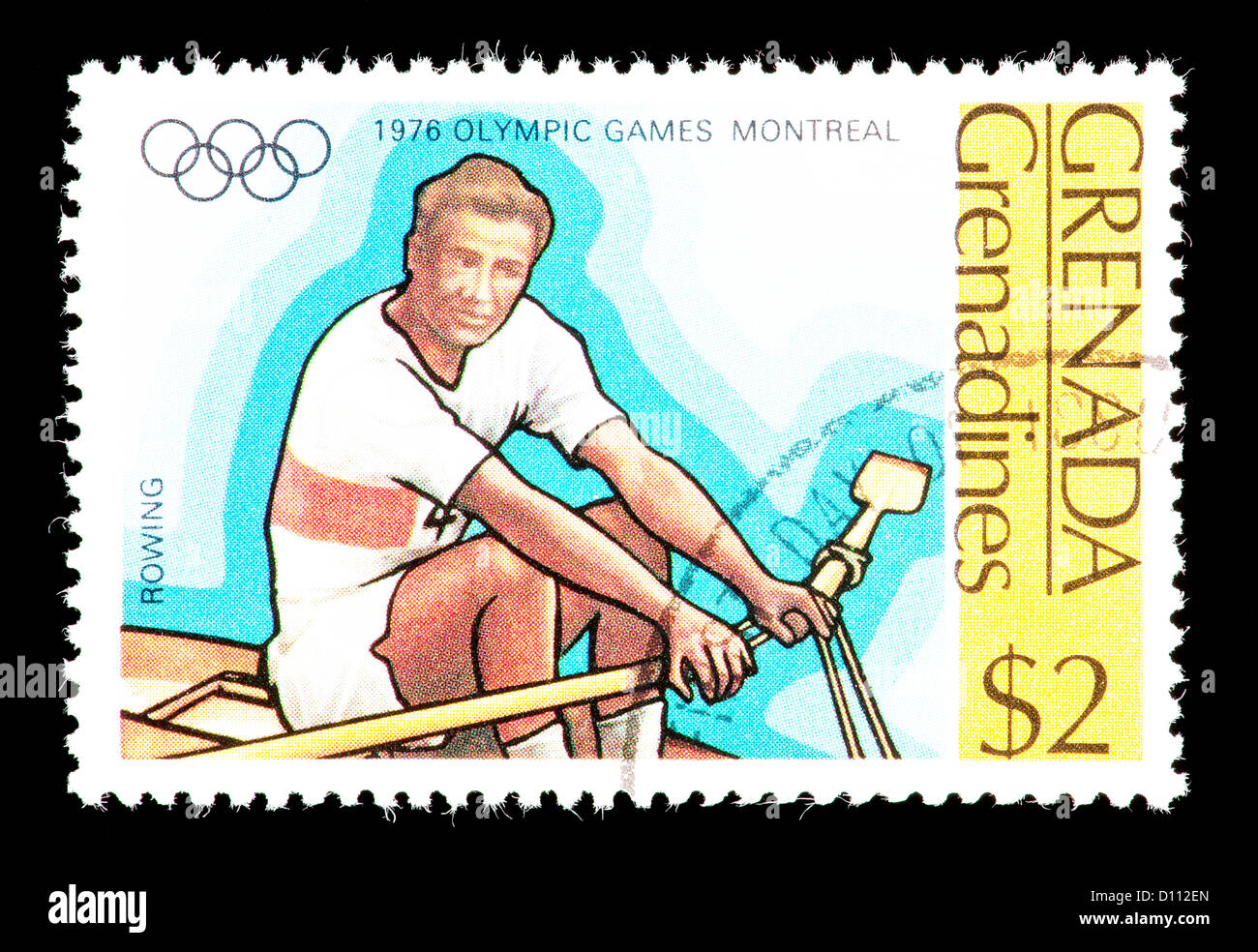 Briefmarke von der Grenadinen Grenada Darstellung ein Ruderer, ausgestellt für den Olympischen Spielen 1976 in Montreal, Kanada. Stockfoto