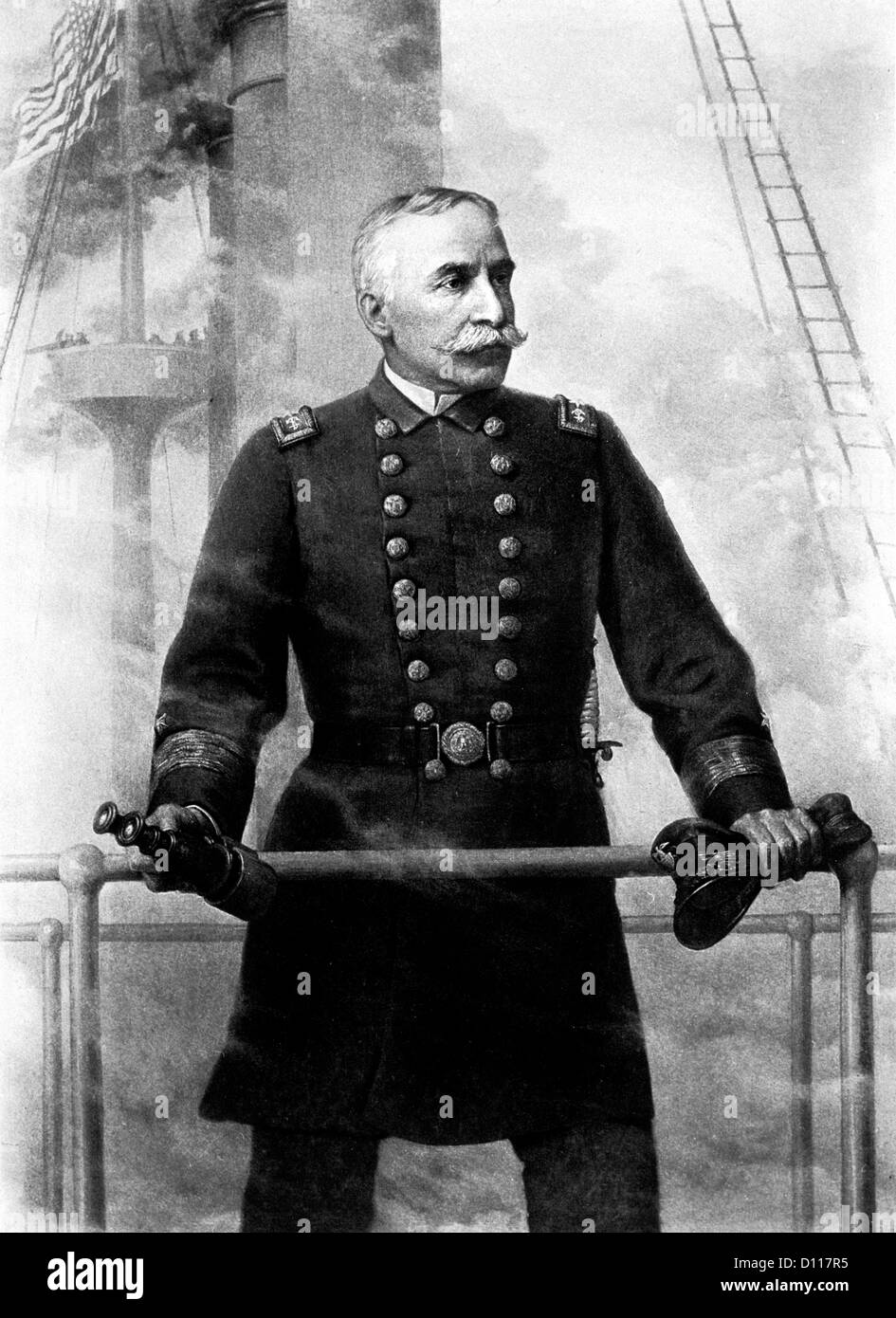 1890ER JAHRE PORTRAIT ADMIRAL GEORGE DEWEY AUF DER BRÜCKE DER USS OLYMPIA SEIN FLAGGSCHIFF WÄHREND SCHLACHT VON MANILA PHILIPPINEN 1. MAI 1898 Stockfoto