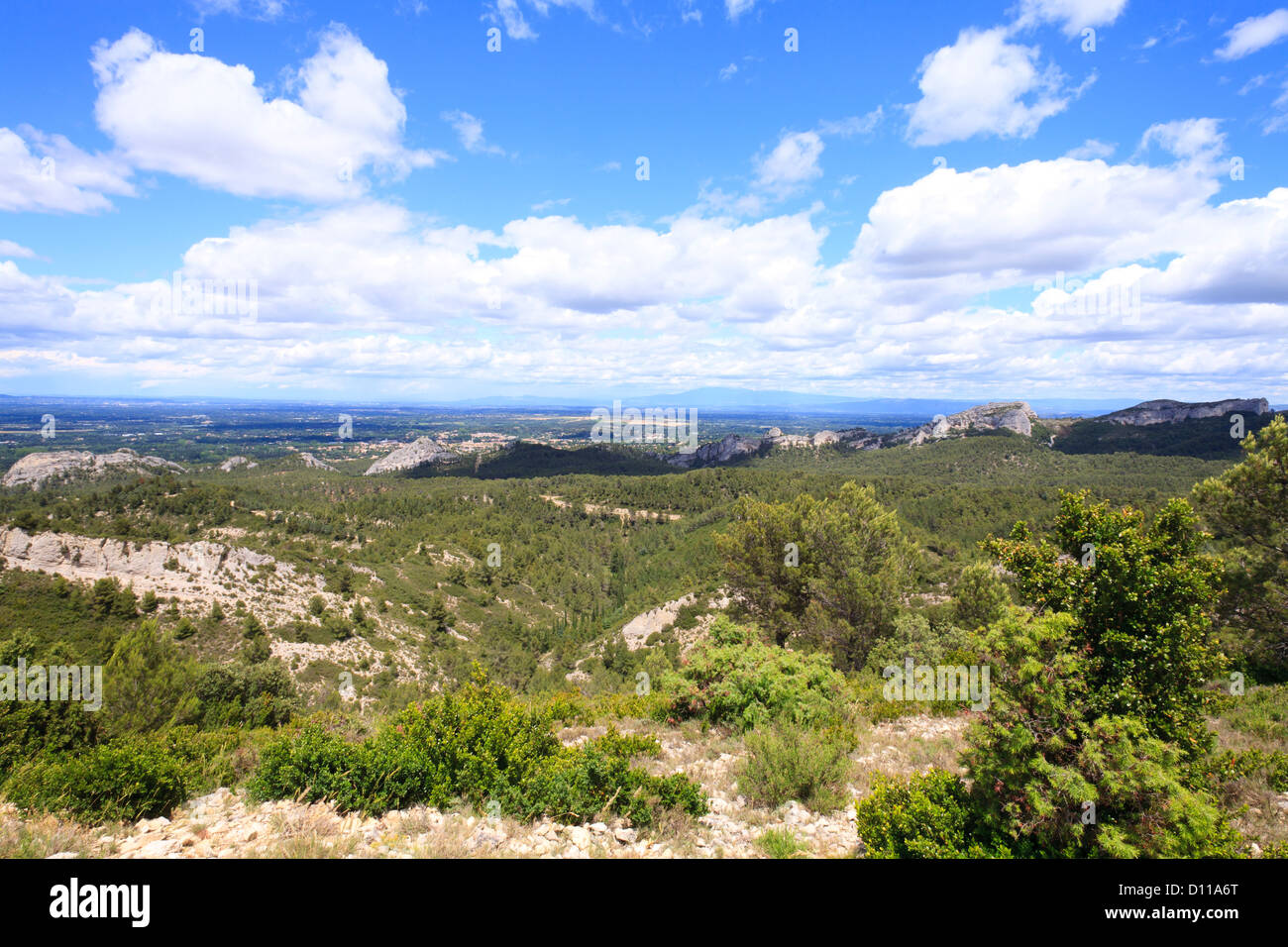 Lebensräume - Kalksteinhügel mit Garrigue und Wald. Blick nach Norden in Richtung Mont Ventoux. Chaîne des Alpilles, Provence, Frankreich. Stockfoto