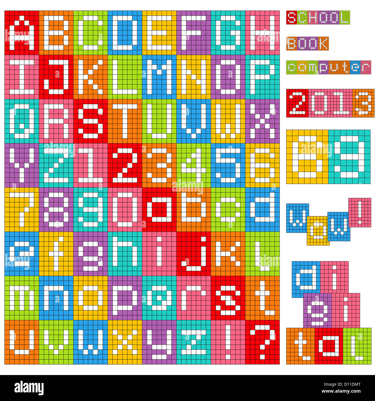 Pixel-Alphabet. Satz von allen Buchstaben und zahlen. Stockfoto